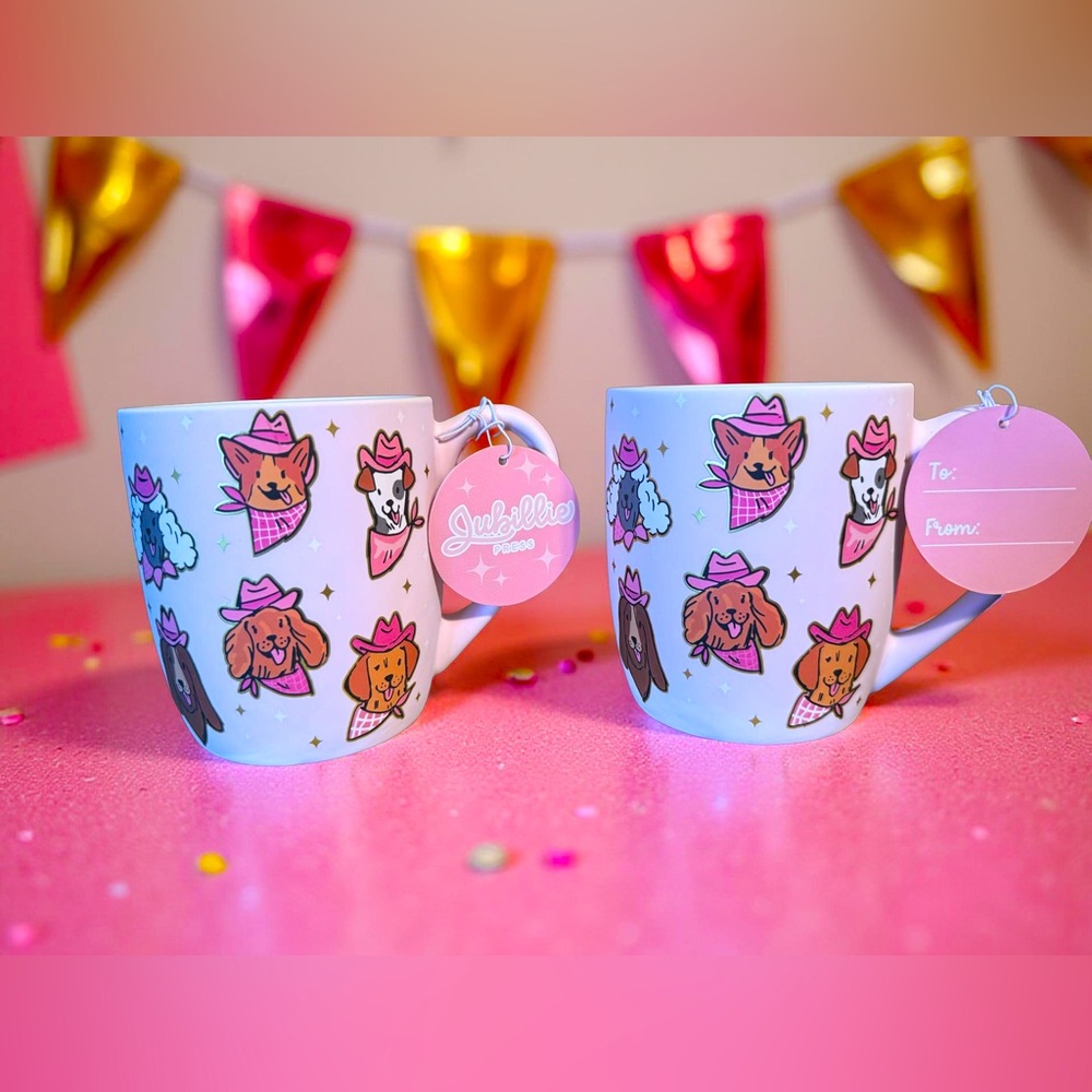 Jubillie Press NWT Pink Gold Metallic Cowboy Dog Soft Touch Mug Set of 2